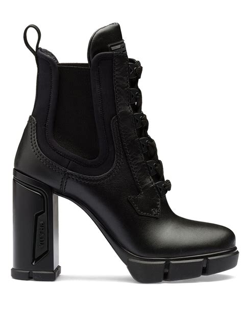 prada black leather knee boots|Prada chunky heel ankle boots.